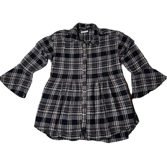 FREE PEOPLE BLACK PLAID FLANNEL BELL SLEEVE PLEAT TUNIC TOP XL - Picture 1 of 9